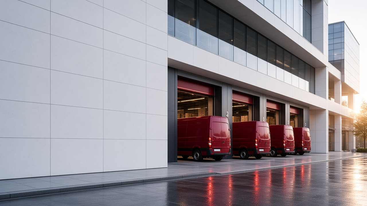 Electric courier vans ready at a city business loading bay